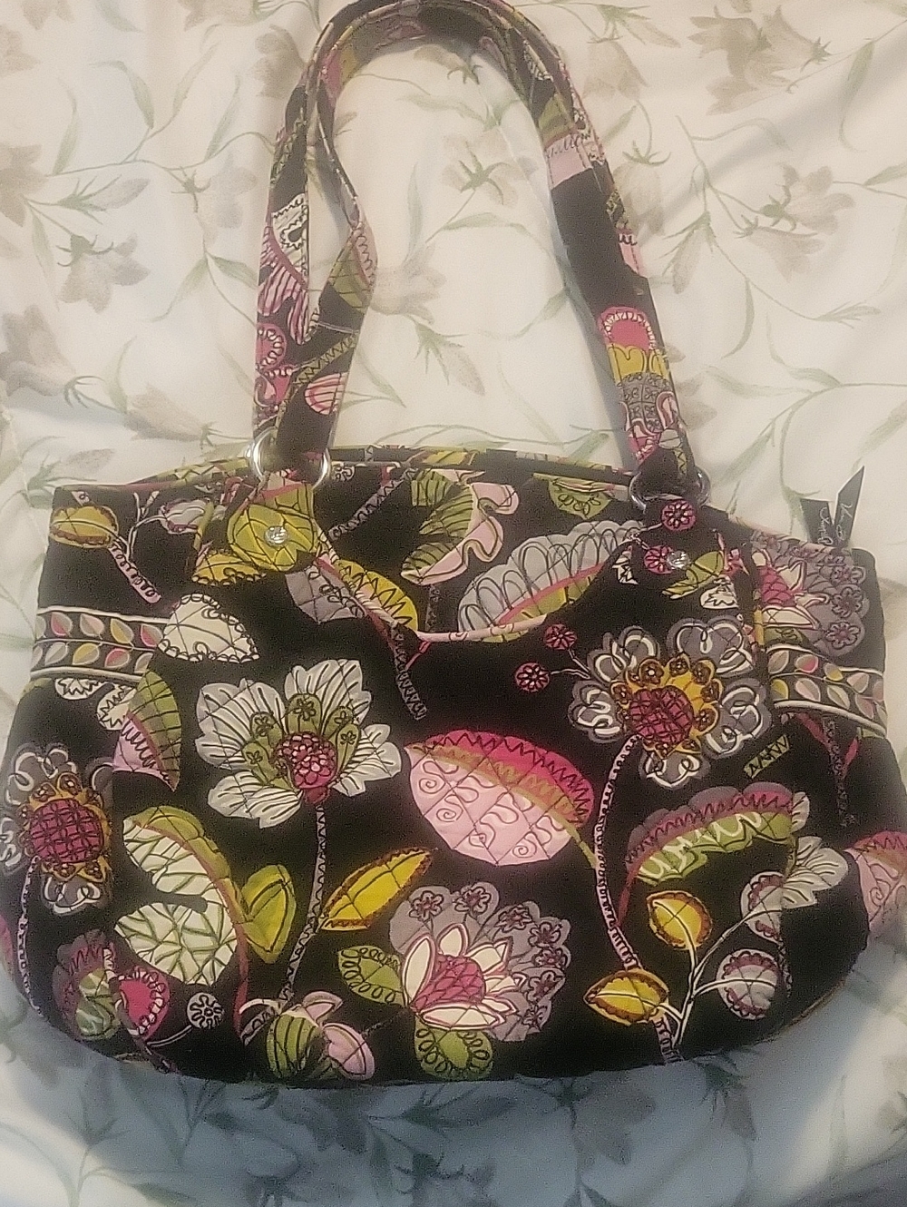 Vera Bradley NWOT Floral Quilted Black Tote Bag with Pink and Green Accents